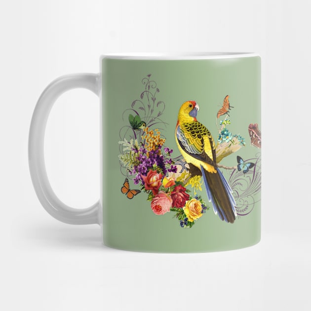 Yellow Parrot standing on tree with butterflies roses French ornaments by LizzyizzyDesign